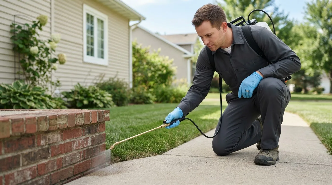 Pest control technician treating a home near Akaska, SD